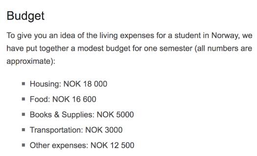 奥斯陆大学院列出了学生一学期预估费用不到4w