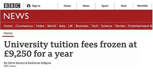 英格兰的大学学费在下一学年将冻结。最高费用将控制在£9,250/年