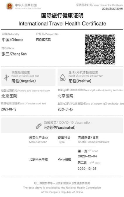 中国推出旅游健康证明